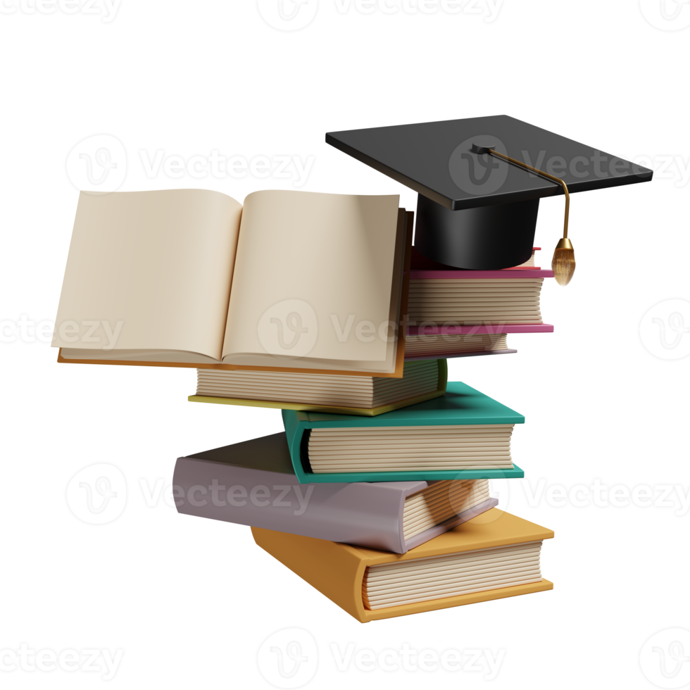 livre et chapeau de graduation, atteindre les objectifs et le concept de réussite, illustration 3d ou rendu 3d png