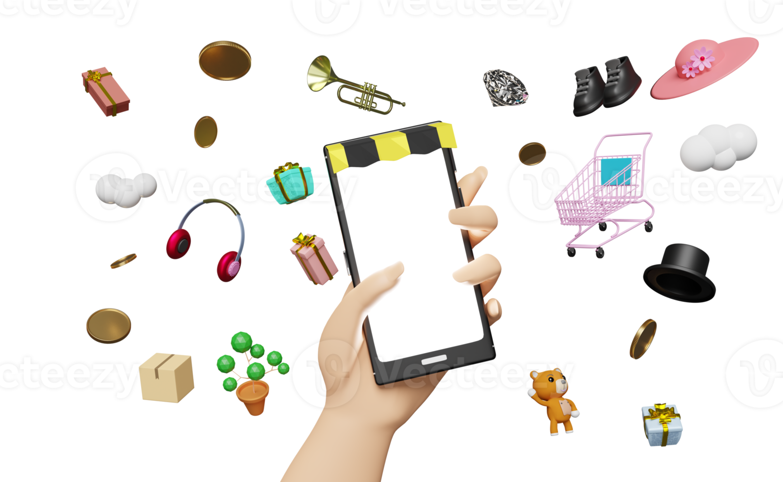 hand, die mobiles smartphone, online-lieferung oder auftragsverfolgungskonzept mit warenkasten und einkaufswagen im beigen hintergrund hält. schneller paketversand mit handy, 3d-illustration oder 3d-rendering png