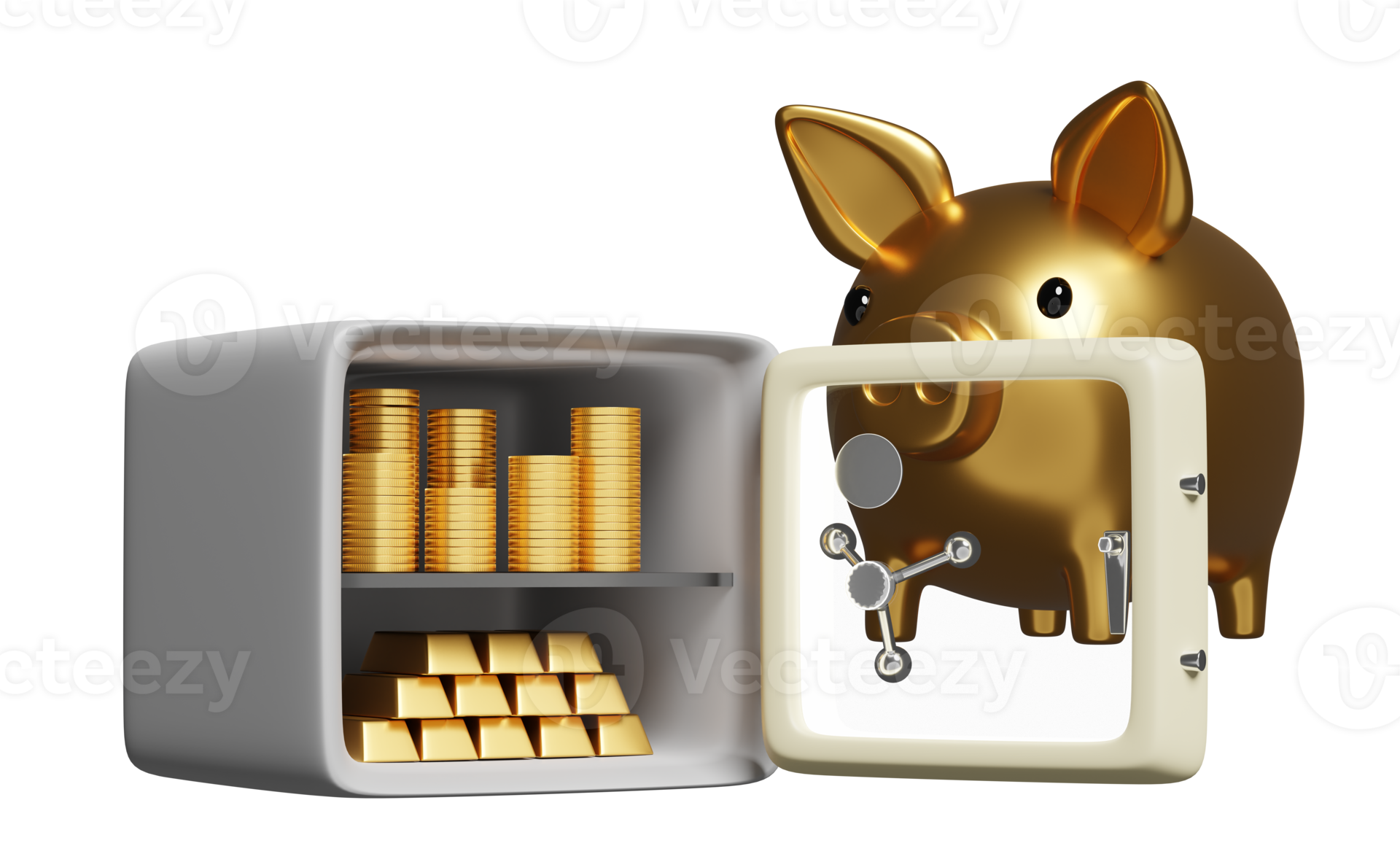 3d Safe box with tempered glass door and gold piggy, business banking