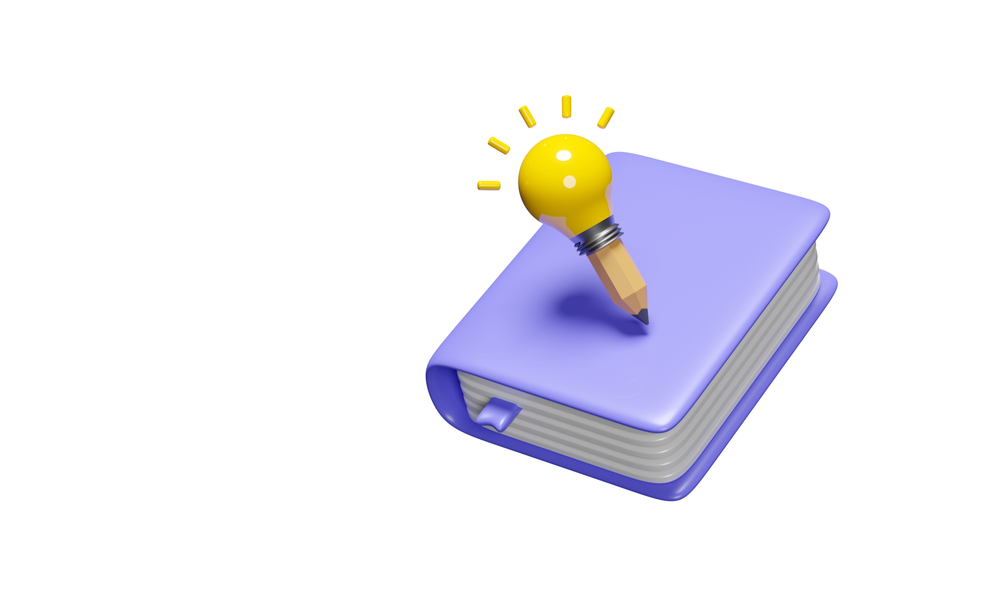 3d purple textbook, close book icon with light bulb, pencil isolated