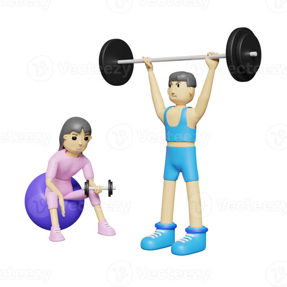 Zeichentrickfigur Fitness-Mann beim Kreuzheben mit Langhanteln über Kopf und Frau beim Hantelheben im Fitnessstudio. 3D-Darstellung oder 3D-Rendering png