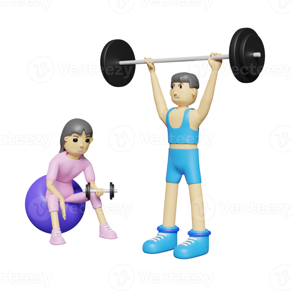 hombre de fitness de personaje de dibujos animados haciendo pesas de peso muerto sobre la cabeza con mujer levantando pesas en el gimnasio. ilustración 3d o renderizado 3d png