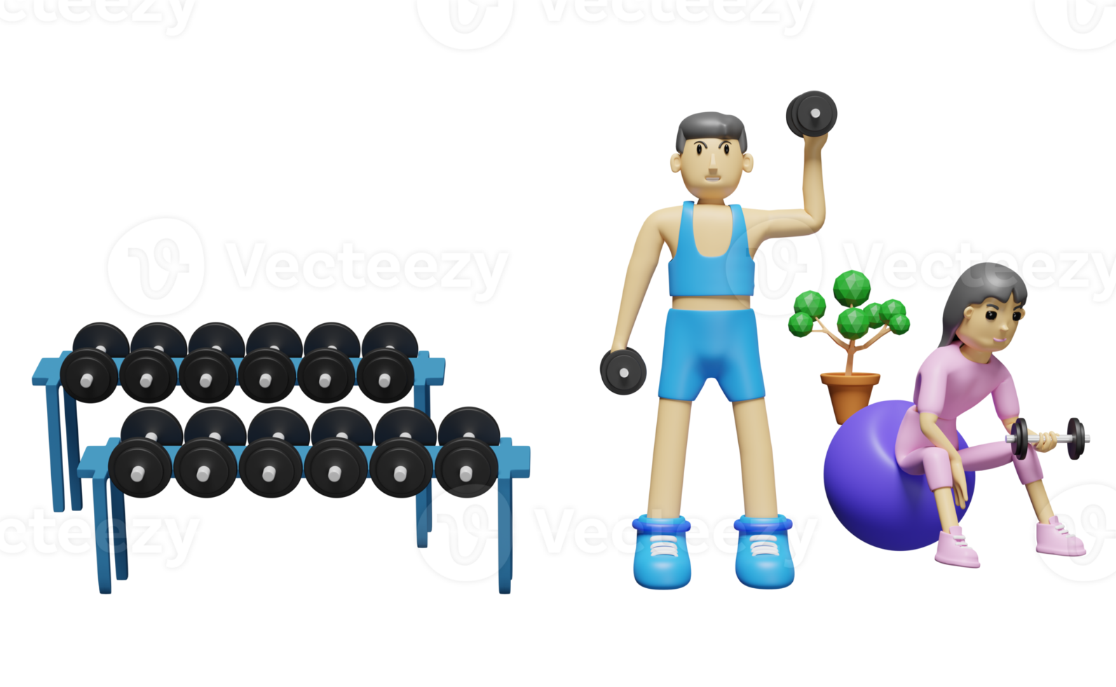 Free fitness man and woman lifting dumbbell, 3d illustration or 3d render  13167614 PNG with Transparent Background
