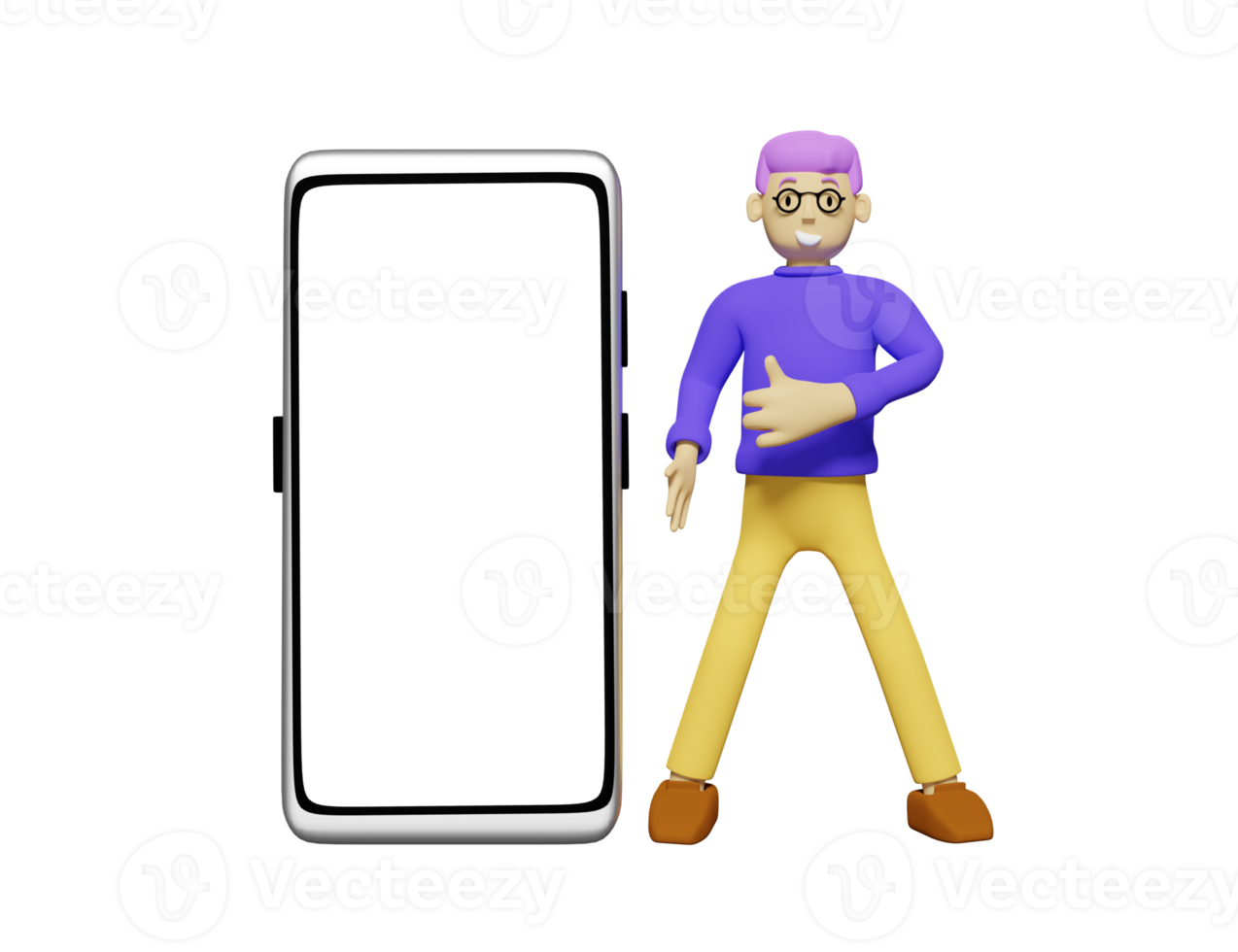 Character cartoon man standing near smart phone and shows thumb up isolated. smartphone with blank white screen, mockup template concept, 3d illustration or 3d render png