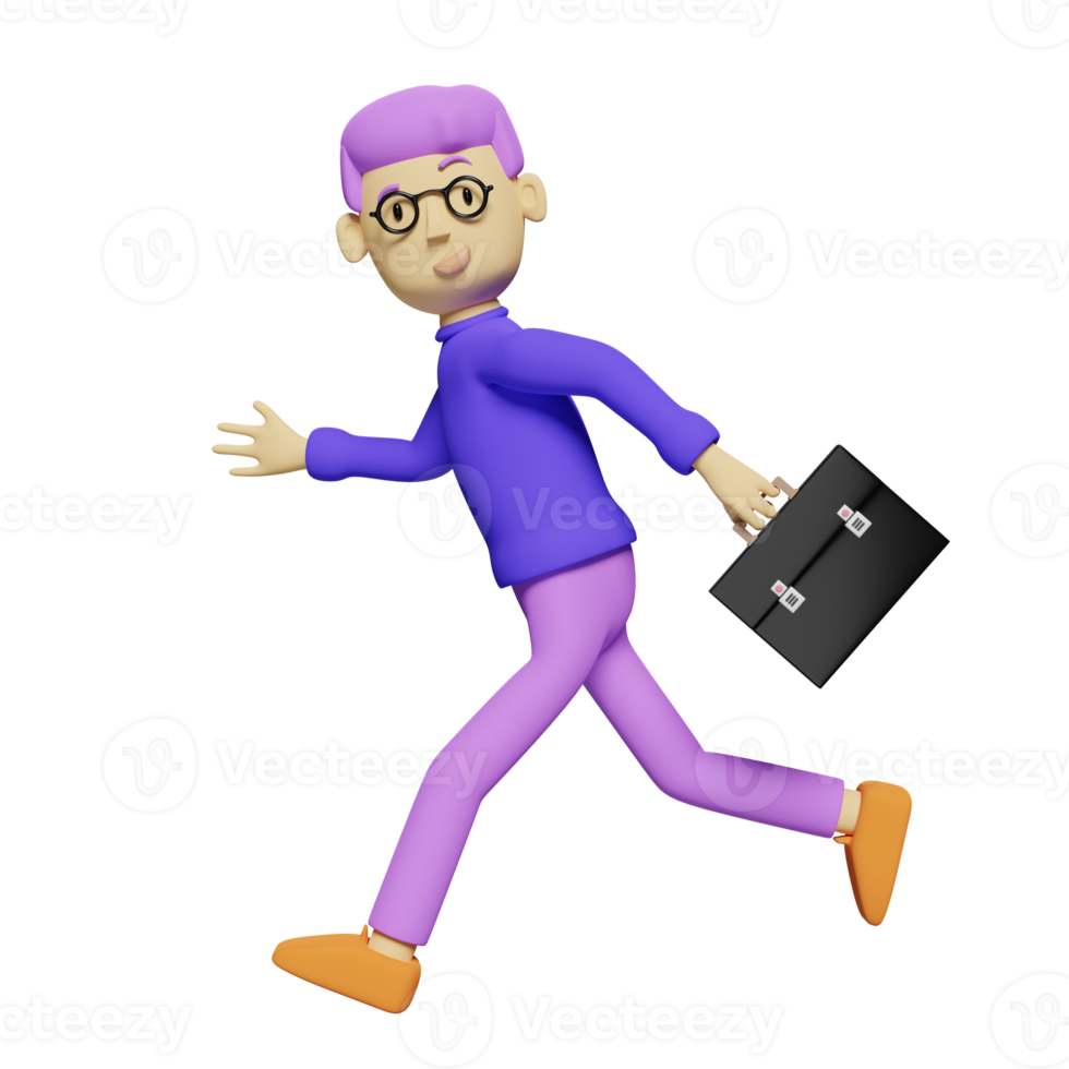 cartoon character businessman hold briefcase and runs isolated. 3d illustration or 3d render png