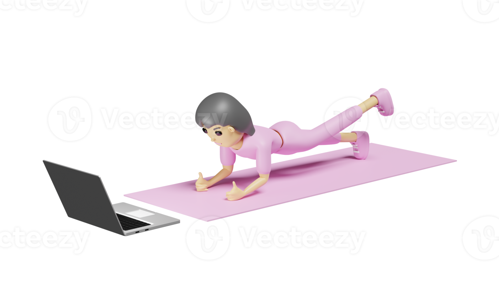 zeichentrickfigurenfrauen, die yoga im übungsstil auf gummimatten machen und online-tutorials auf dem laptop ansehen. 3D-Darstellung oder 3D-Rendering png