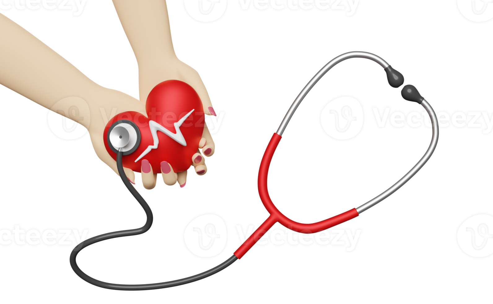 cartoon woman hands holding red heart and blood pressure heart rate with stethoscope isolated. health love or world heart day concept, 3d illustration or 3d render png