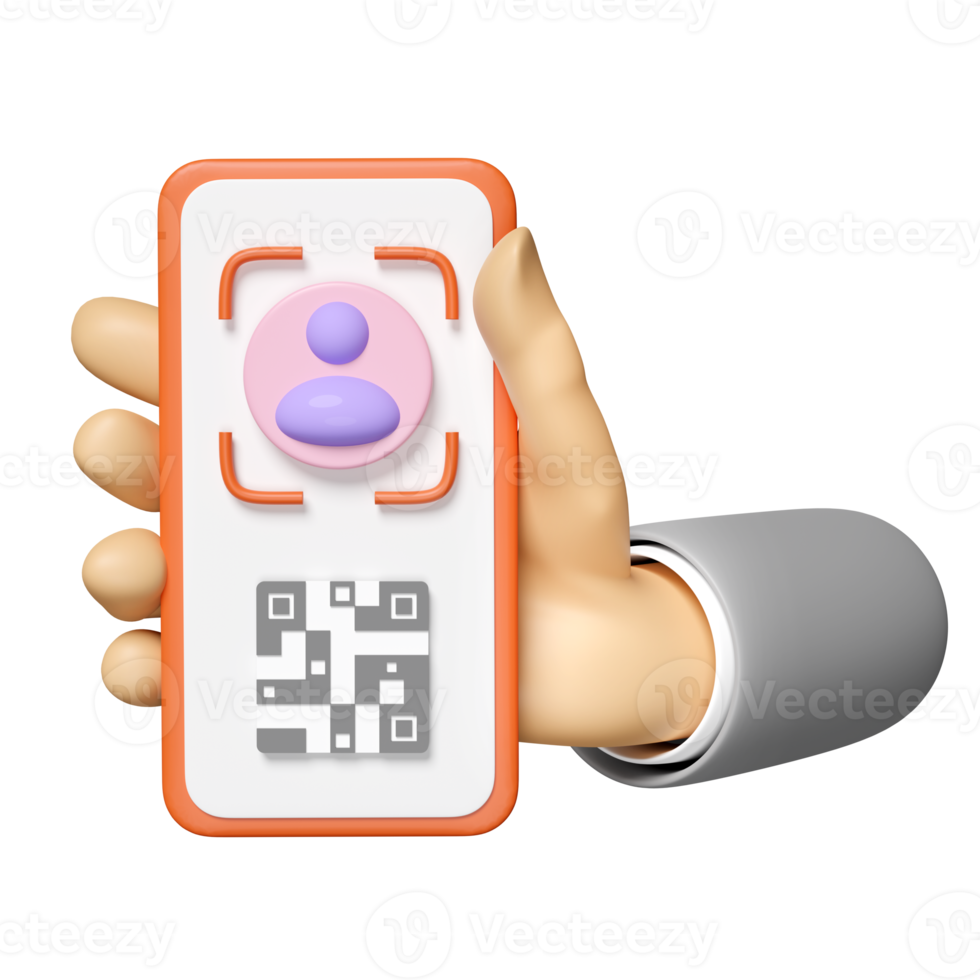 vérification d'identité avec visage, scanner de code qr isolé. main utilisant un téléphone portable, un smartphone, un modèle de téléphone à écran, une maquette de téléphone à écran, une illustration de rendu 3d png