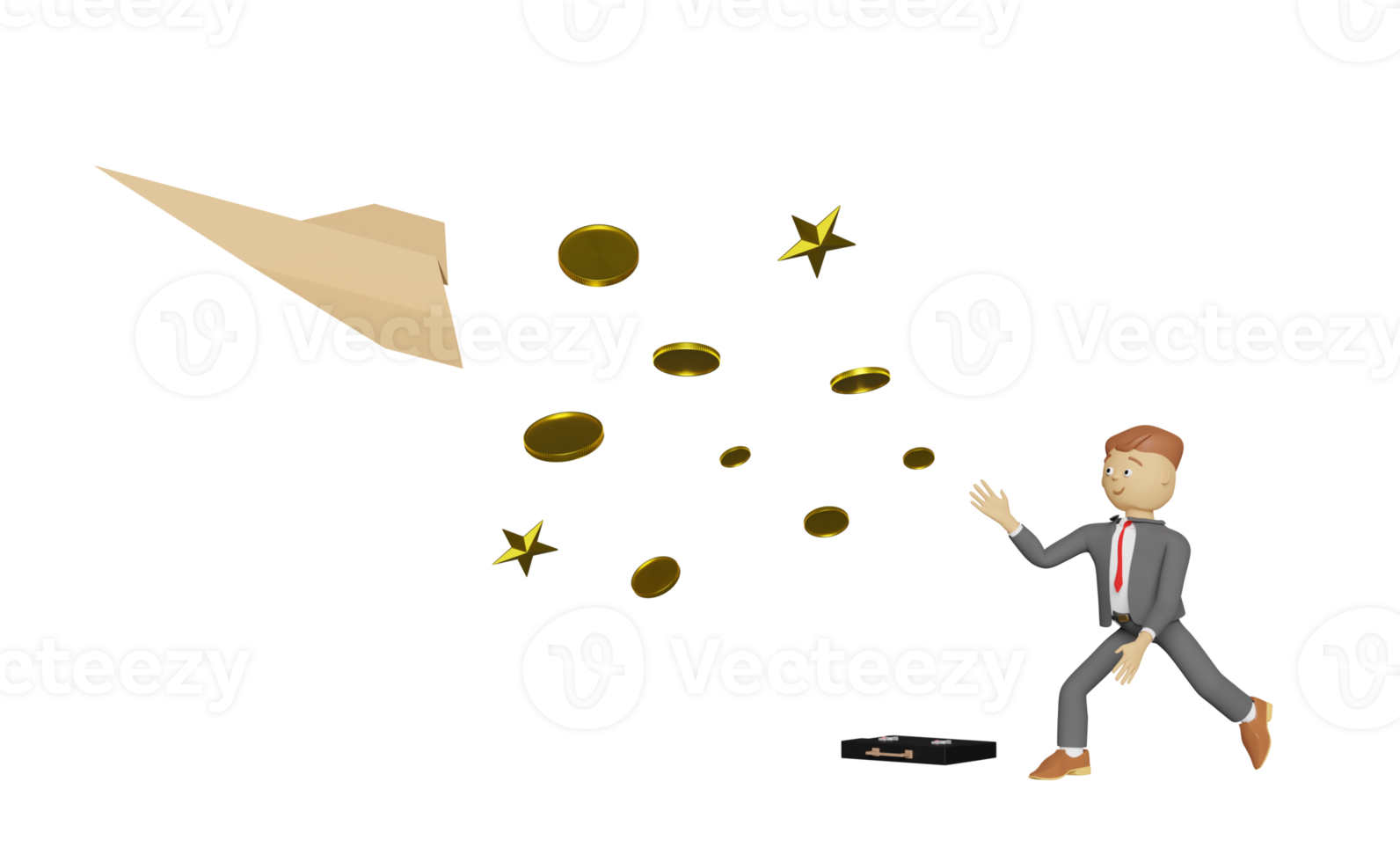 3d cartoon character child businessman with paper plane and floating coin isolated. 3d render illustration png