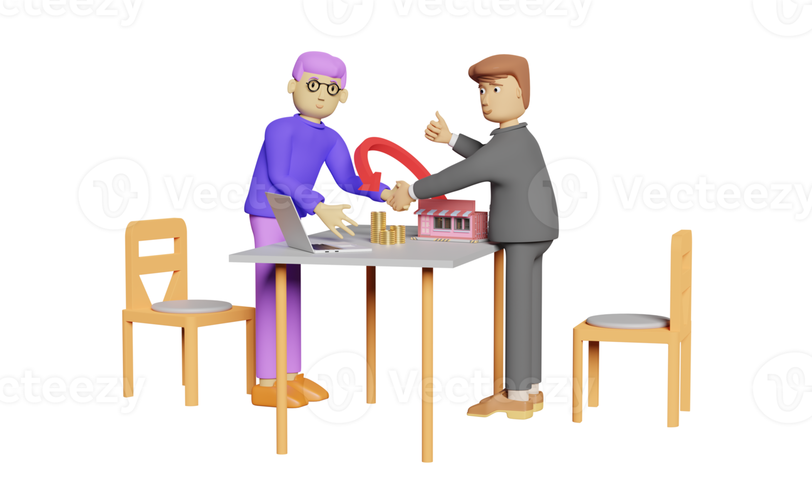 cartoon character businessman handshake with store model and pile of coins on table, successful agreement business concept, isolated. 3d illustration or 3d render png