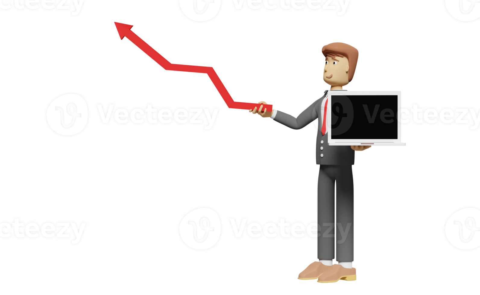 cartoon character businessman hand holds computer laptop with bar graph isolated. 3d illustration or 3d render png