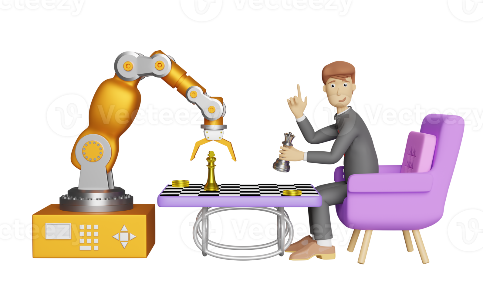 cartoon character businessman hand pointing and robot arm playing chess isolated. Business Strategy with digital marketing plan concept, 3d illustration or 3d render png