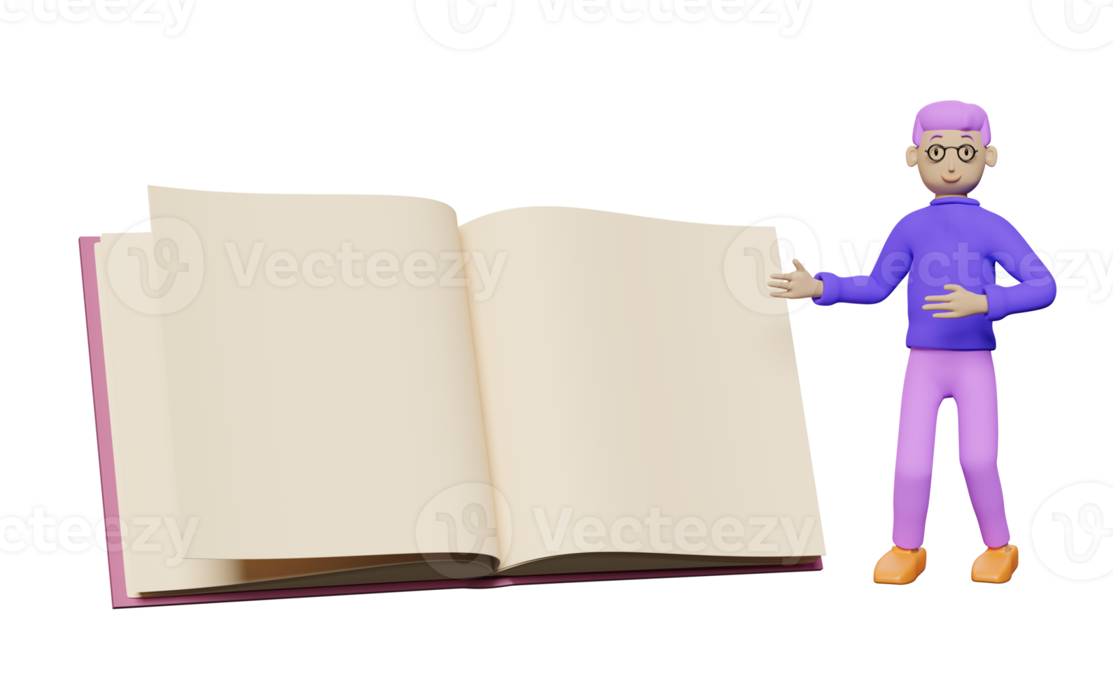 personaggio cartone animato uomo in piedi vicino Aperto libro isolato. modello modello concetto, 3d illustrazione o 3d rendere png