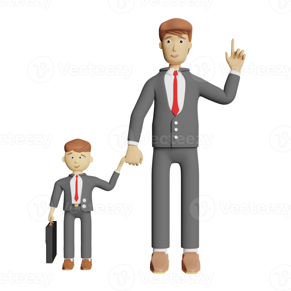 cartoon character businessman pointing finger with son and copy space isolated. 3d illustration or 3d render png