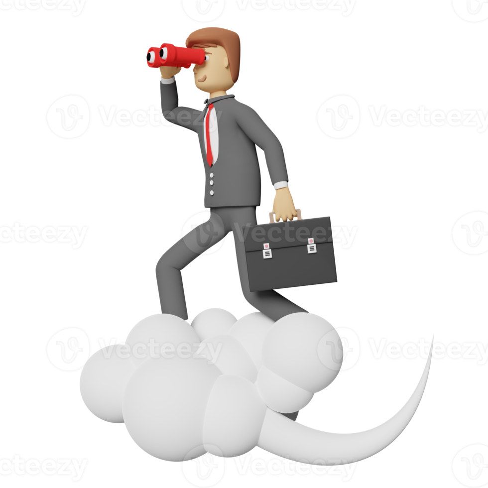 cartoon character businessman hand holds binocular with briefcase on cloud isolated. 3d illustration or 3d render png