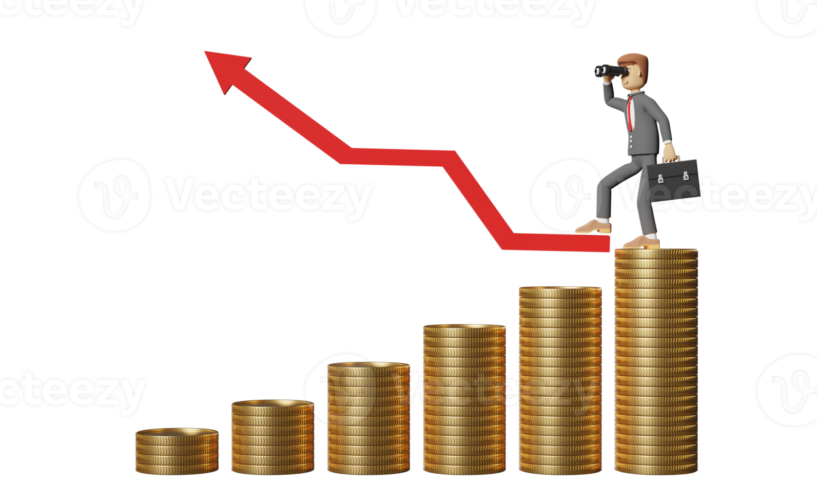 3d cartoon character businessman hand holds binocular with pile of coins and bar graph isolated. 3d render illustration png