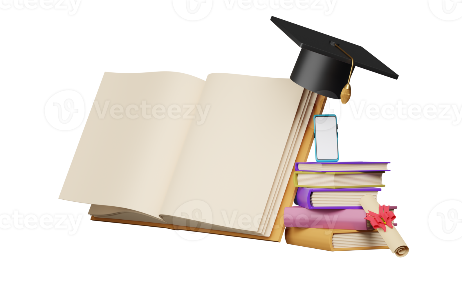 open book and graduation hat with diploma rolled isolated. achieve goals and success concept, smartphone with blank white screen, 3d render illustration png