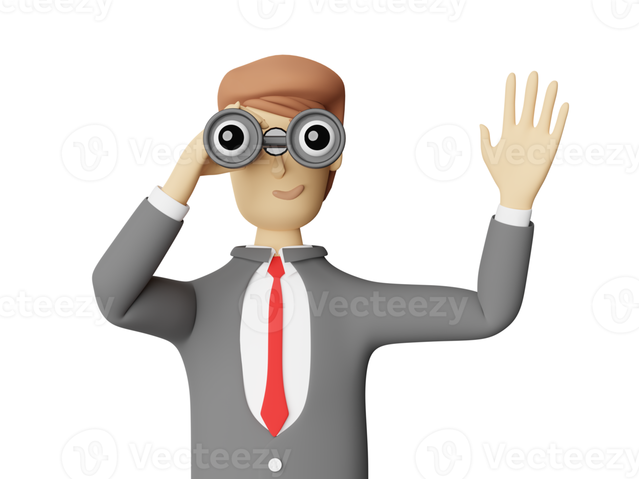 cartoon character businessman hand holds binocular isolated. 3d illustration or 3d render png