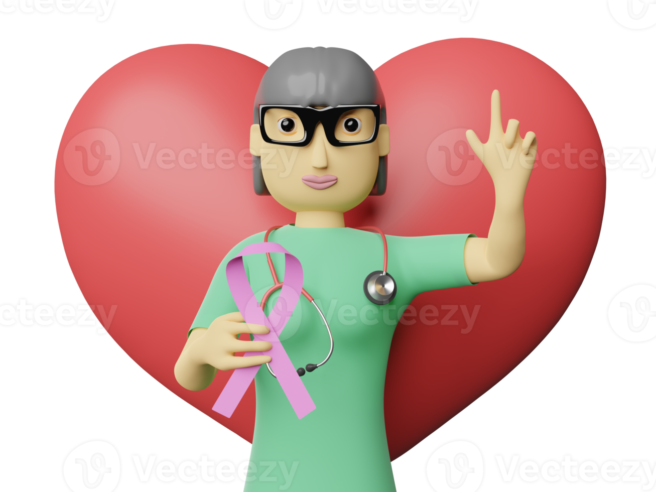 personaje de dibujos animados médico mujer y corazón rojo con la mano sosteniendo la cinta rosa del cáncer y señalando con el dedo aislado. ilustración 3d o renderizado 3d png