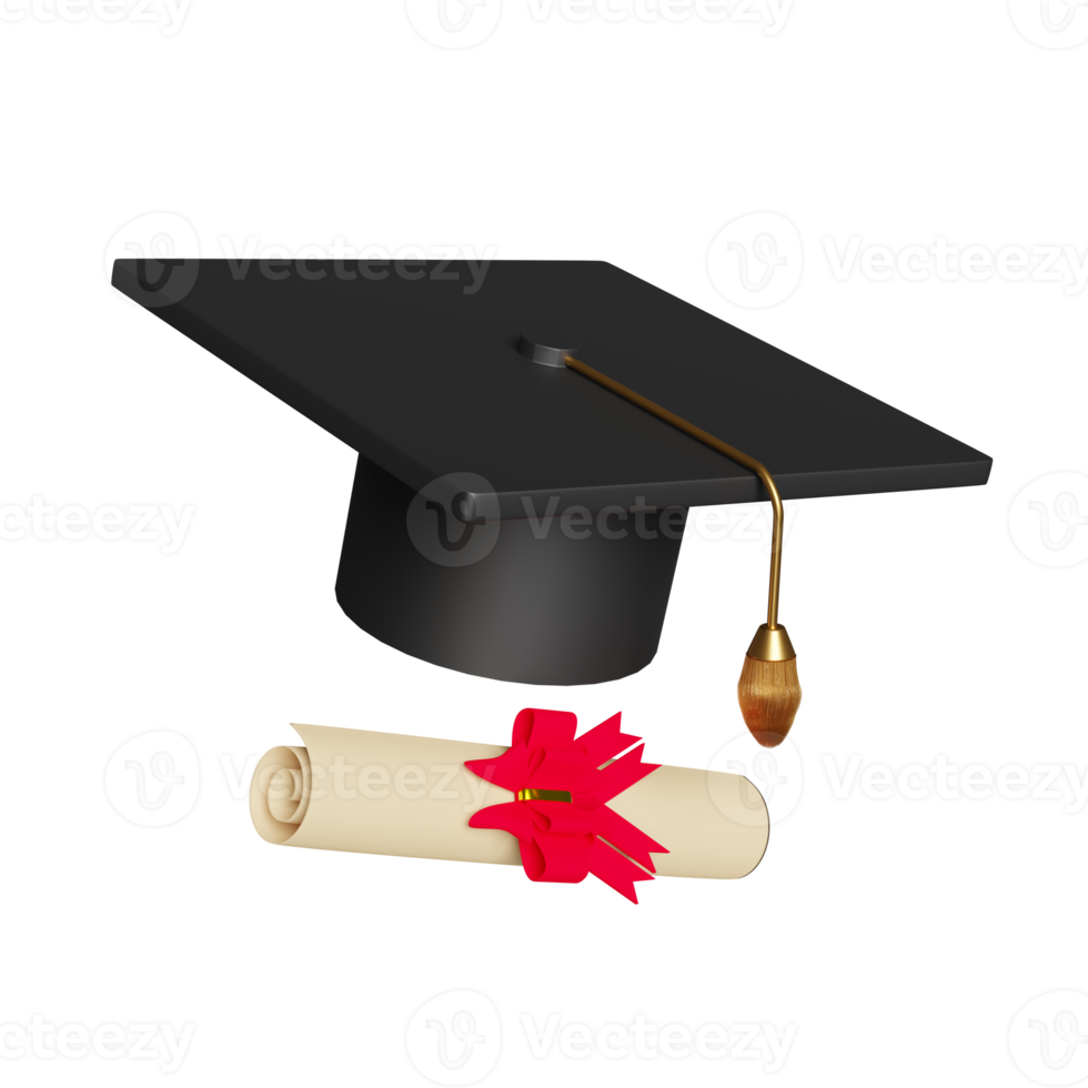 Graduation hat or mortarboard with diploma rolled, Graduational day celebration Concept, 3d render illustration png