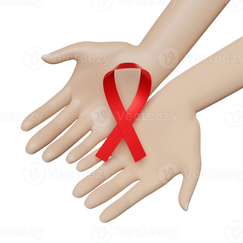 cartoon hands holding red ribbon with isolated. world AIDS day with hiv awareness concept ,3d render illustration png