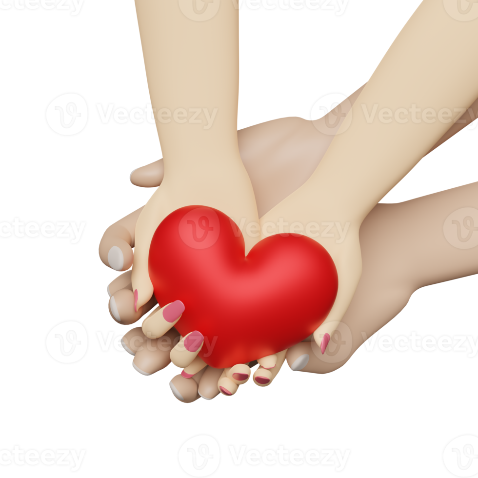 cartoon woman and man hands holding red heart isolated. health love or world heart day concept, 3d illustration or 3d render png