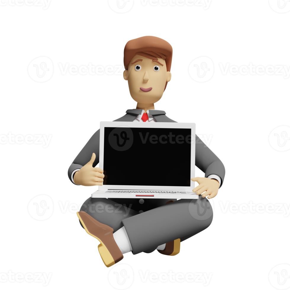 cartoon character businessman sitting with computer laptop isolated. 3d illustration or 3d render png