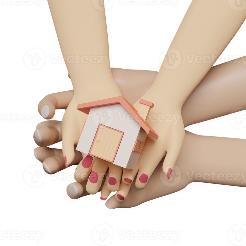 cartoon woman and man hands holding house isolated. 3d render illustration png