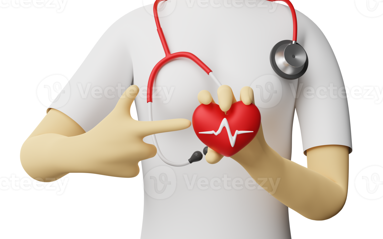 cartoon character doctor woman hands holding red heart with pointing finger and blood pressure heart rate isolated. health love, world heart day concept. 3d illustration,  3d render png