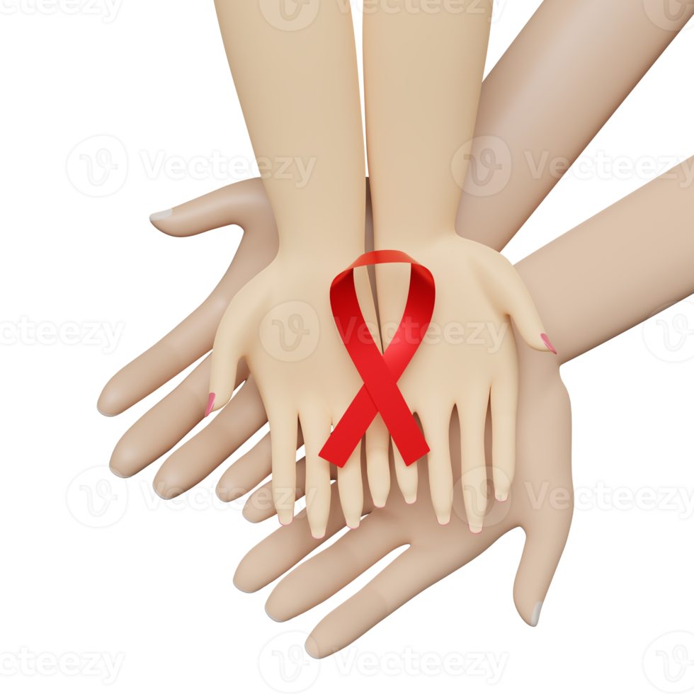 cartoon woman and man hands holding red ribbon with isolated. world AIDS day with hiv awareness concept ,3d render illustration png