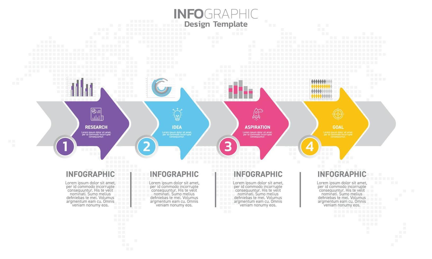 Infografía empresarial 4 pasos para el éxito con la inspiración y el objetivo de la idea de investigación. vector