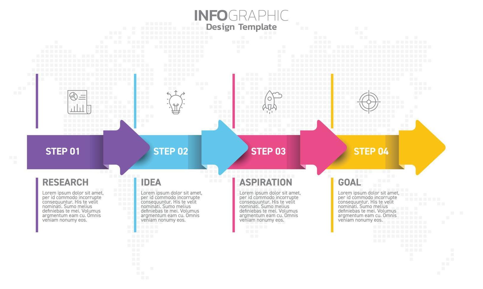 Business infographic 4 steps to success with research idea inspiration and goal. vector