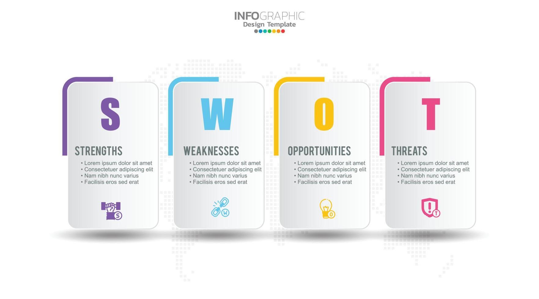 SWOT chart with concept of strengths, weaknesses, threats and opportunities of company. vector