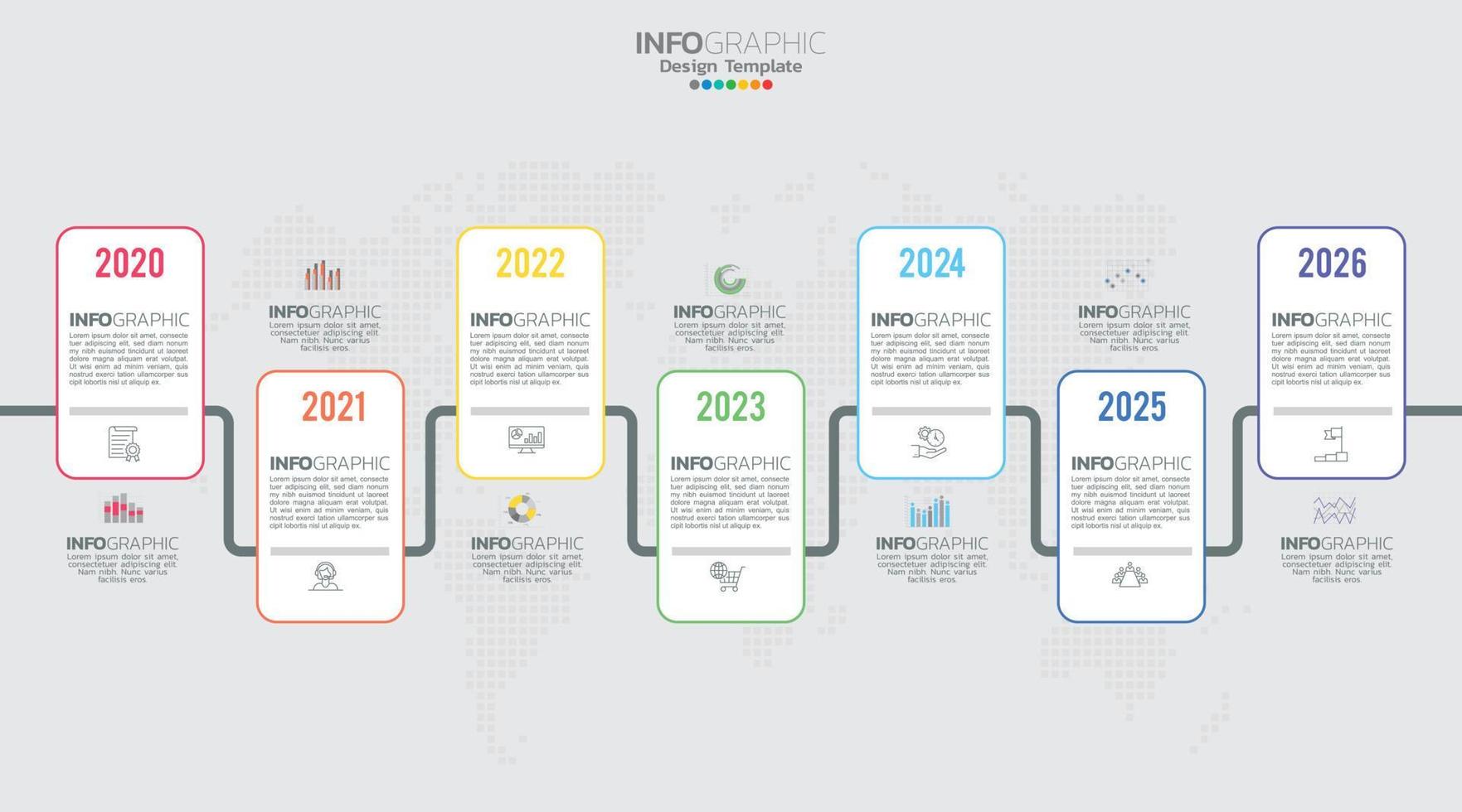 El vector infográfico de línea de tiempo con 7 pasos se puede utilizar para flujo de trabajo, diseño, diagrama, informe anual, diseño web.