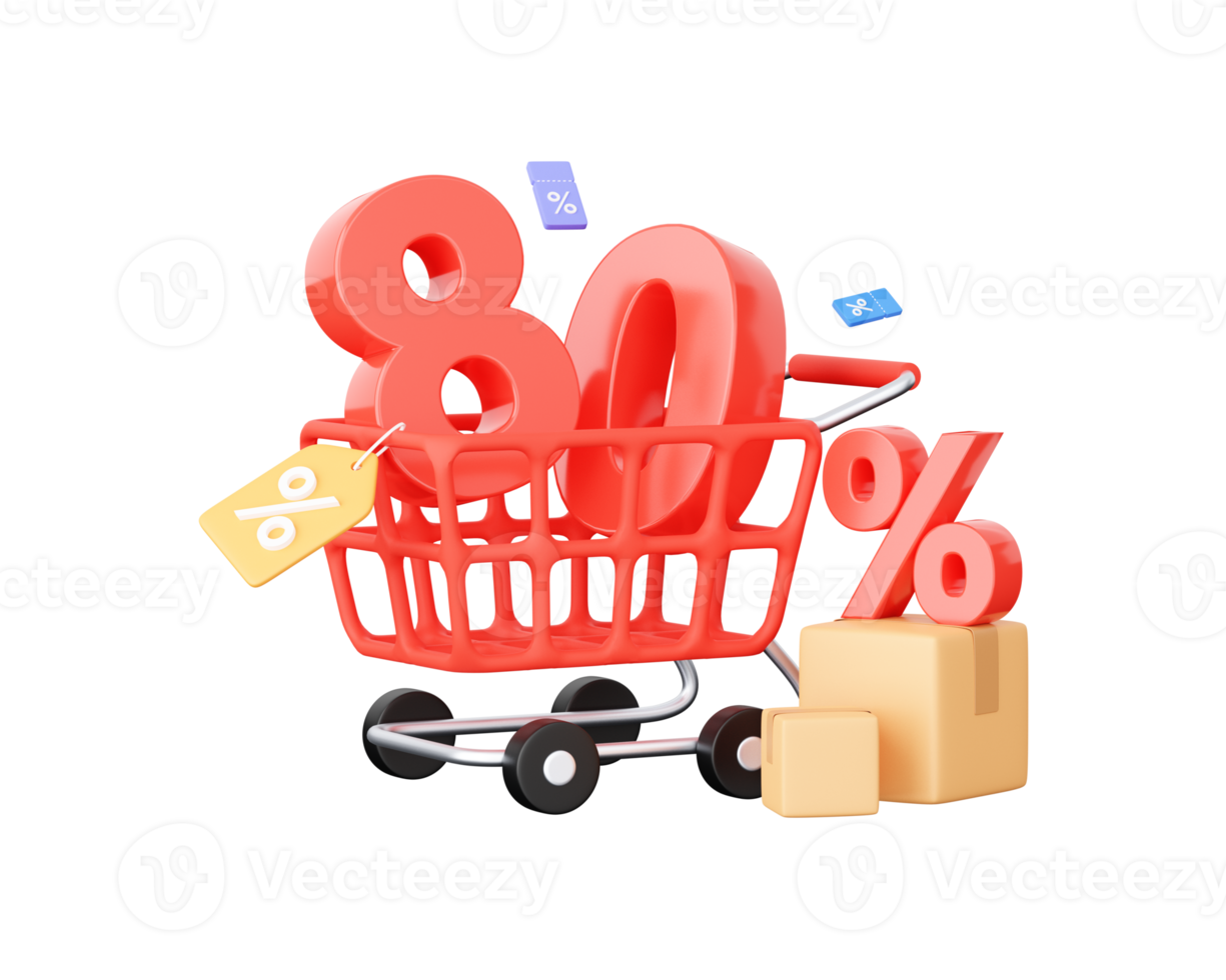 shopping cart and discount coupon. Sale and discount labels. 3D rendering png