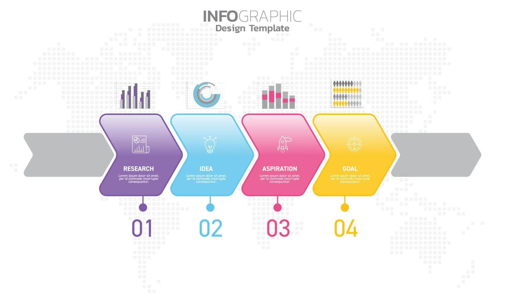 Infografía empresarial 4 pasos para el éxito con la inspiración y el objetivo de la idea de investigación. vector