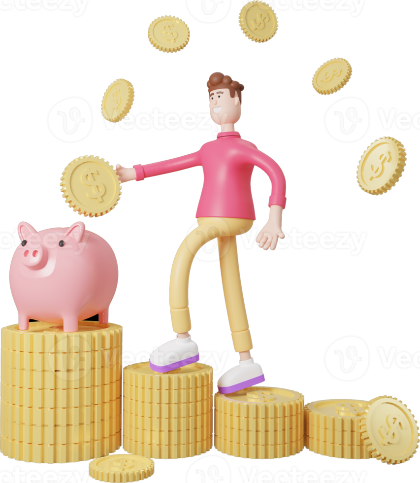 Man 3d character stand on gold coin with pig png