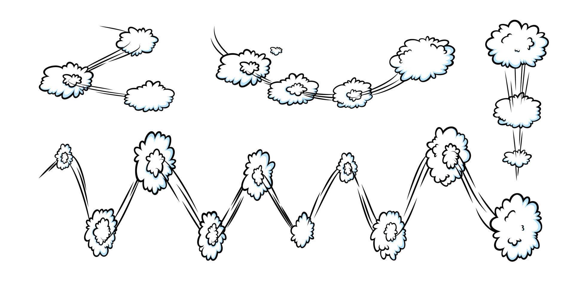 Comic speed effect with clouds. Comic clouds with motion trail lines. Vector illustration