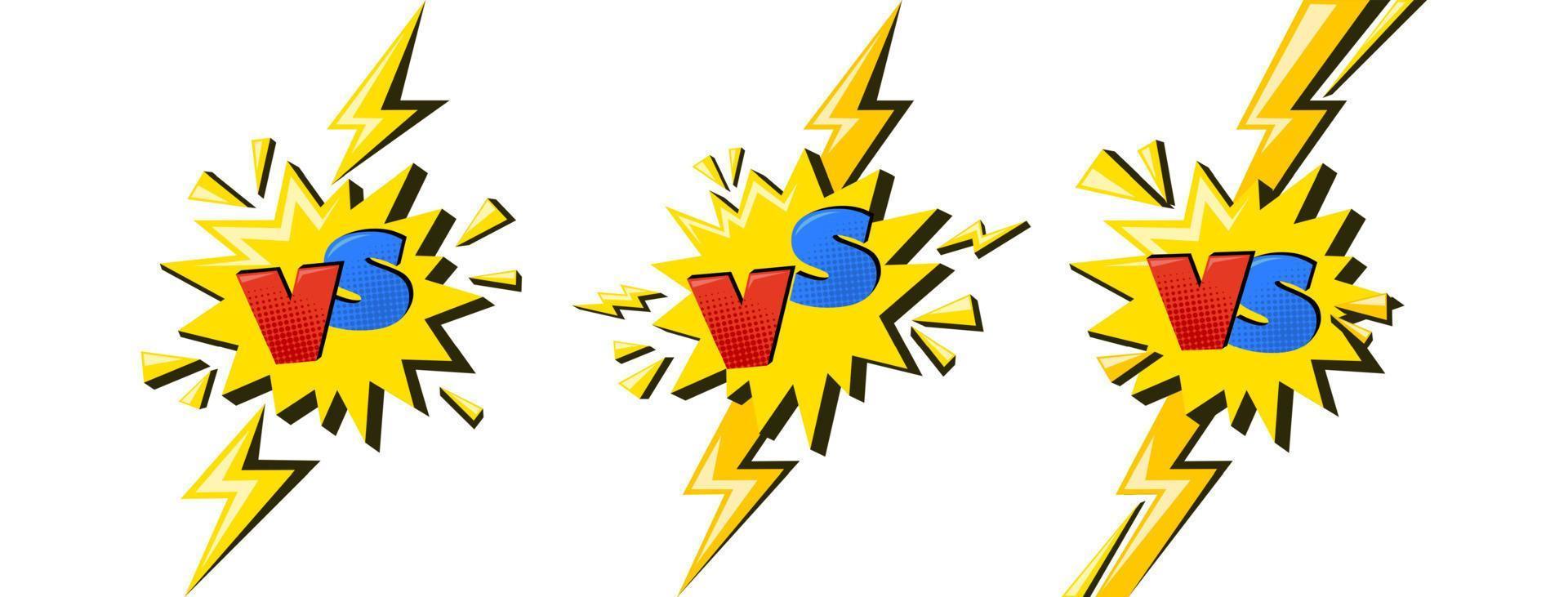 Superhero versus sign with lightning. VS letters in yellow star as symbol of battle and confrontation. Comic vector illustration