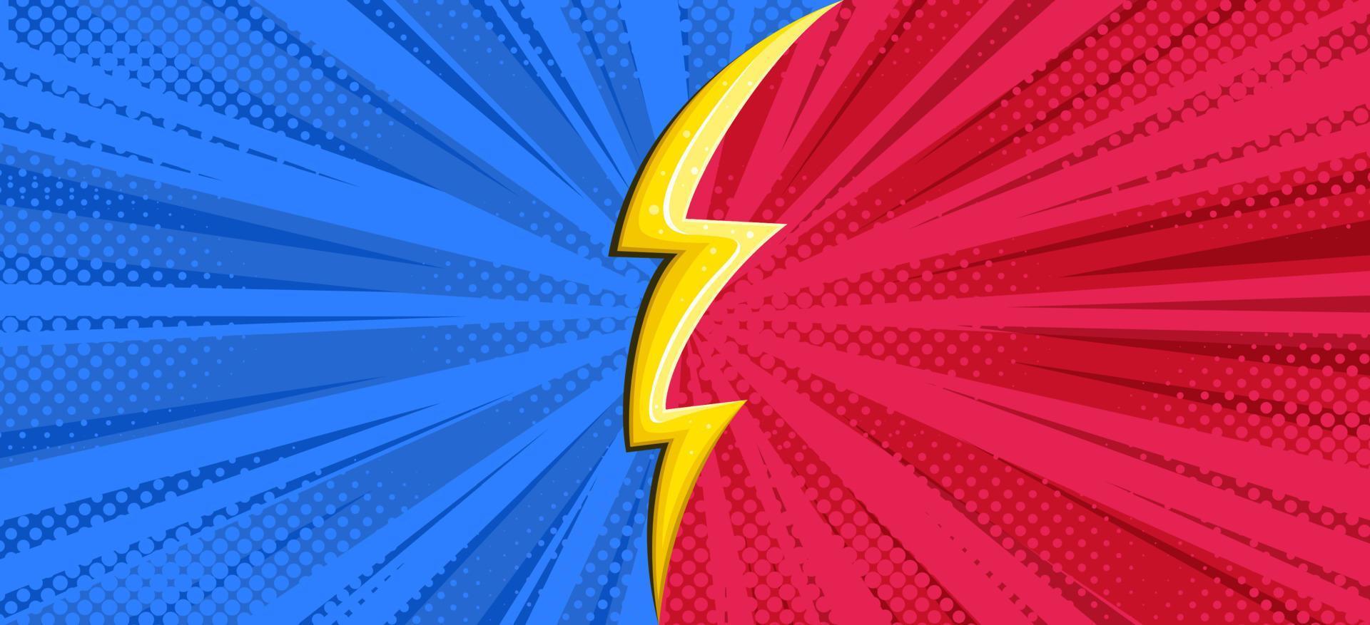 Superhero battle halftoned background with a flash. Versus lightning design. Vector illustration