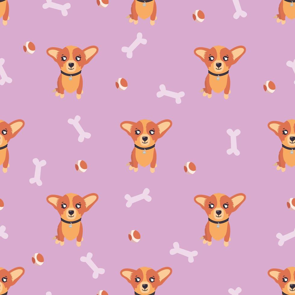 Seamless pattern. Corgi puppy with bones and balls. Vector illustration