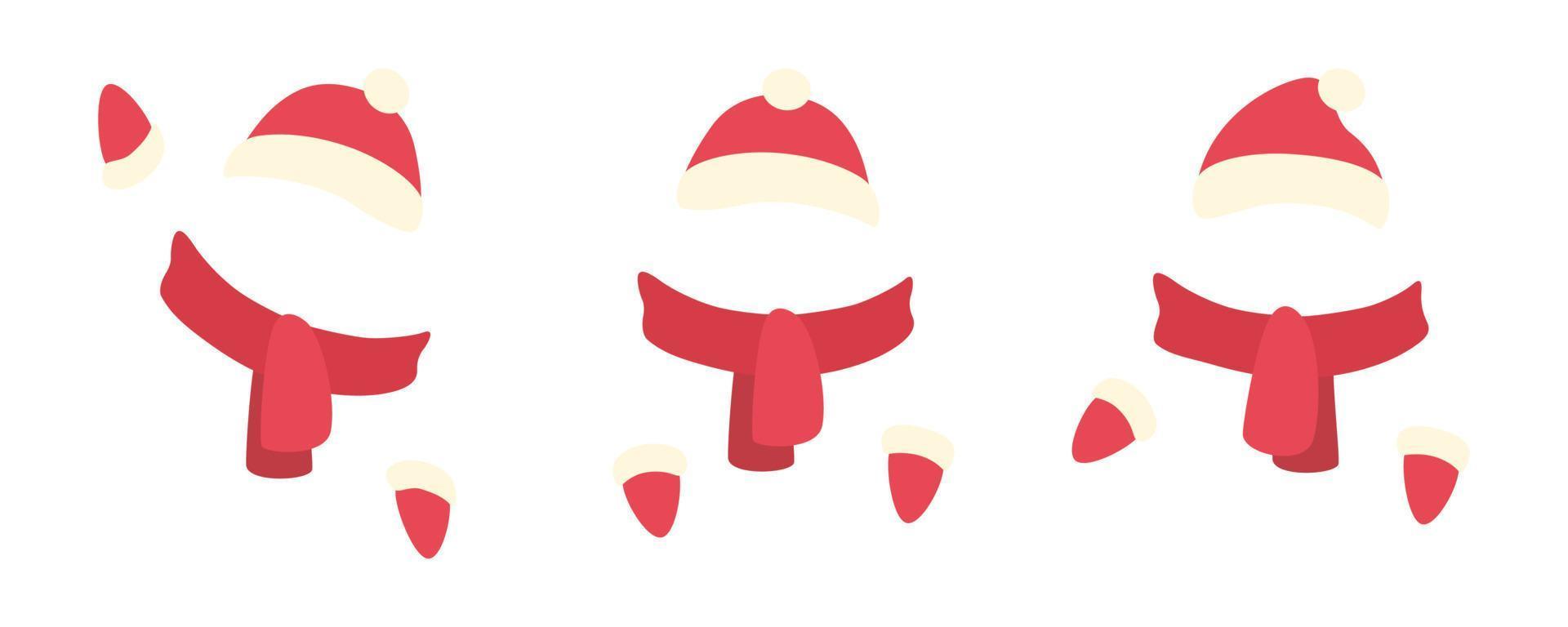 Hat, scarf and mittens set. Red Santa knitted woolen clothes. Vector illustration