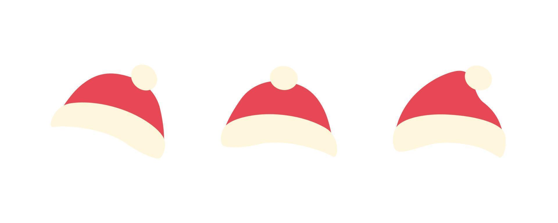 Hats with pompom. Red Santa knitted woolen hat. Vector illustration