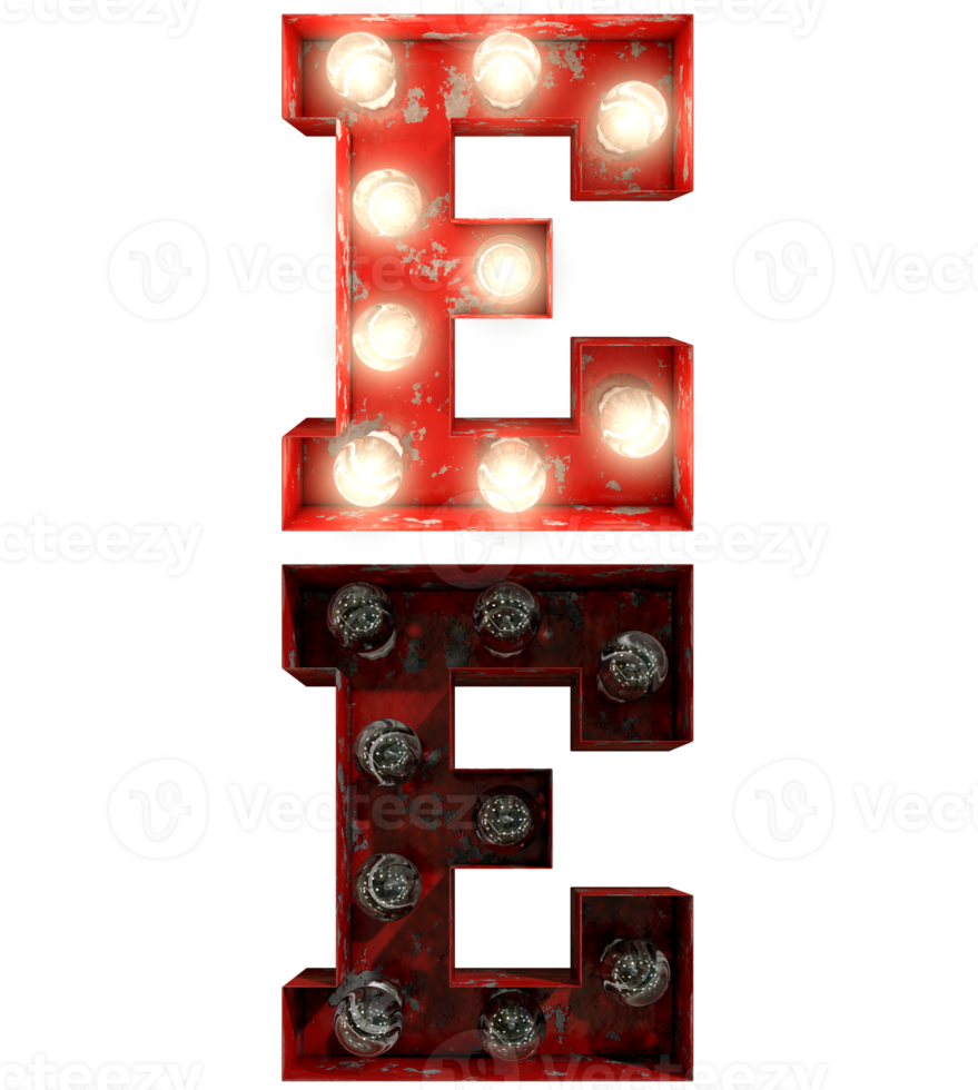 Red rusty light bulb letters in ON and OFF state the character E png