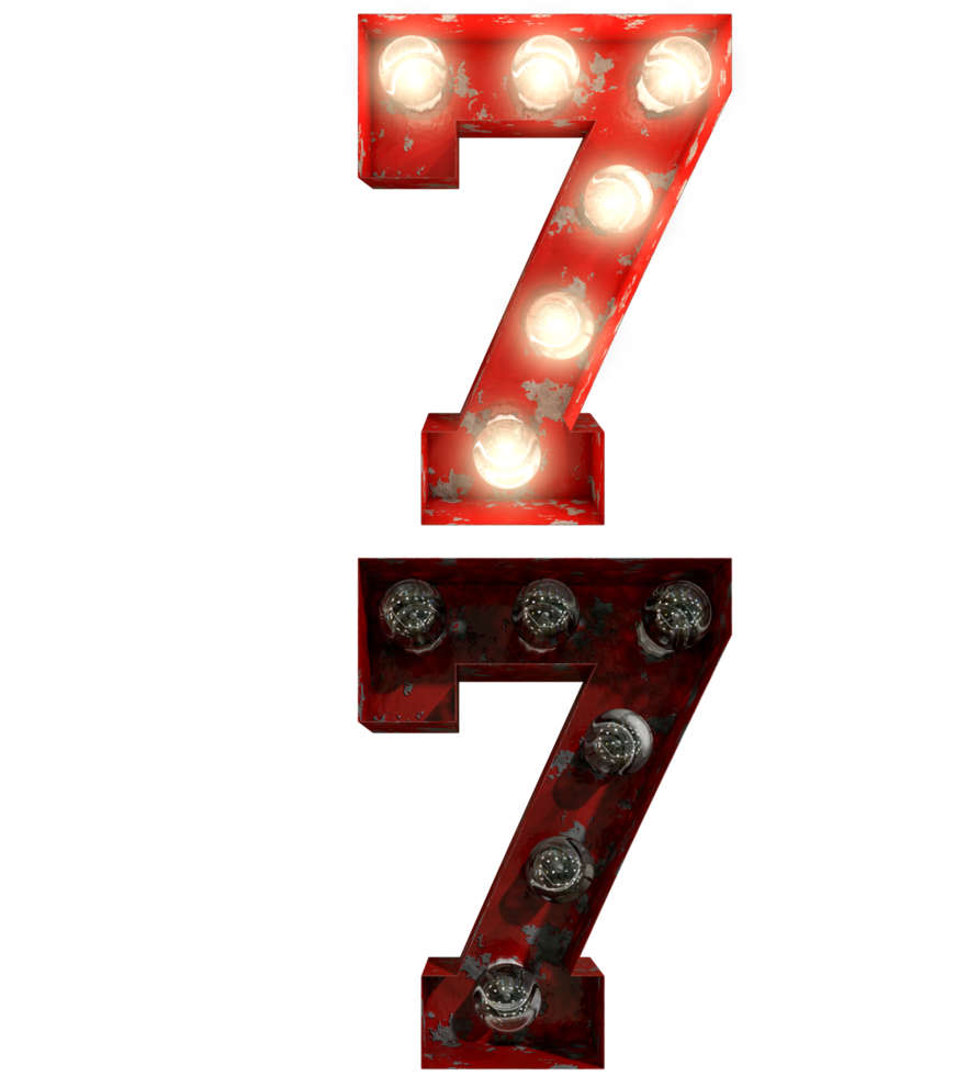 Red rusty light bulb letters in ON and OFF state the character 7 png