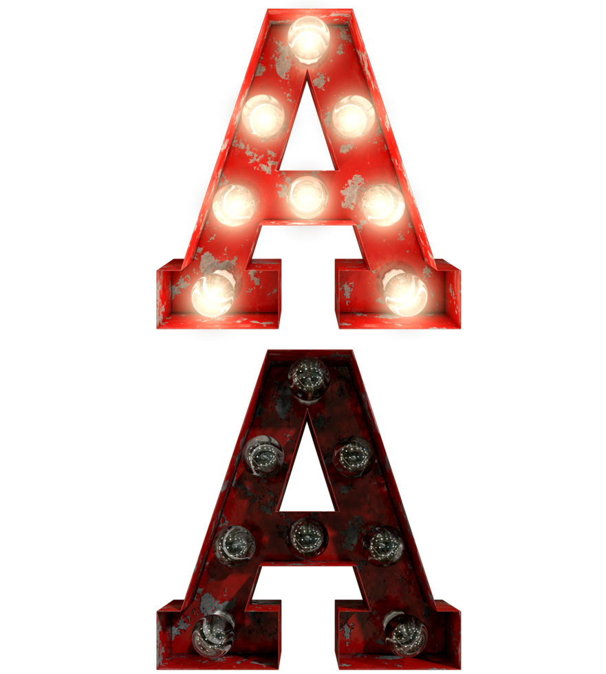Red rusty light bulb letters in ON and OFF state the character A png