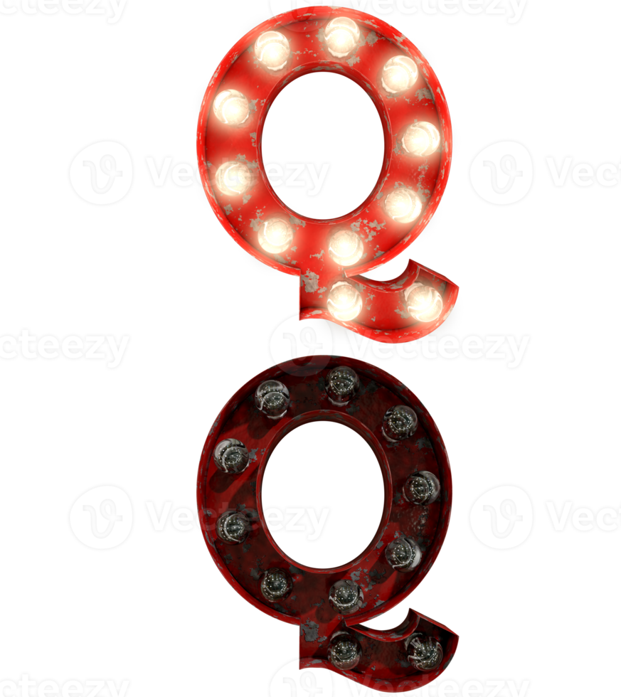 Red rusty light bulb letters in ON and OFF state the character Q png