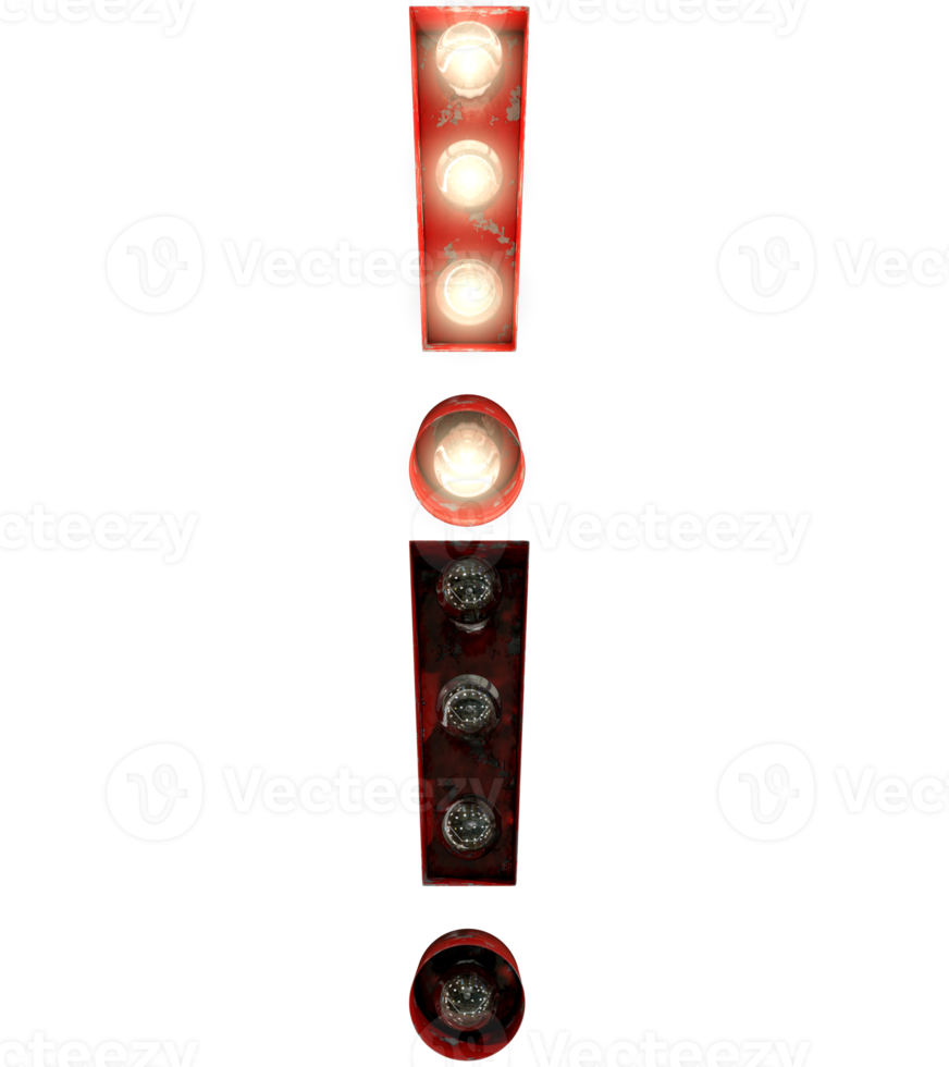 rote rostige glühbirnenbuchstaben in an und aus geben das ausrufezeichen des zeichens an png