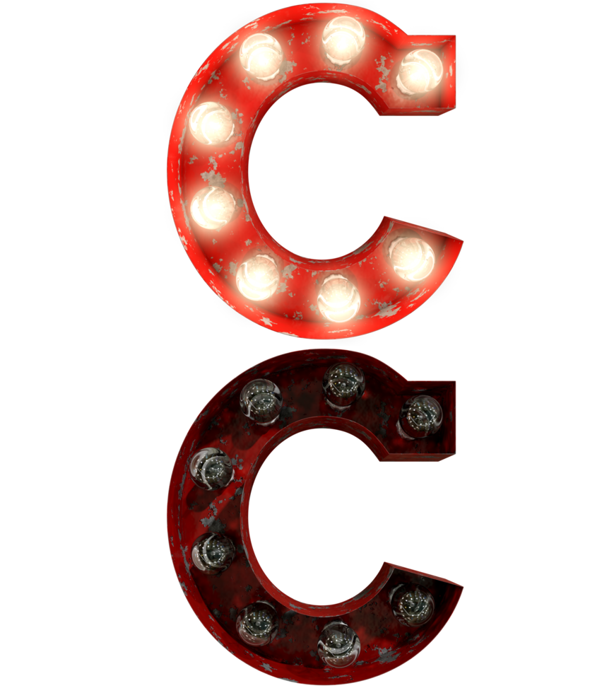 Red rusty light bulb letters in ON and OFF state the character C png