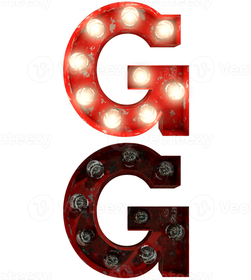 Red rusty light bulb letters in ON and OFF state the character G png